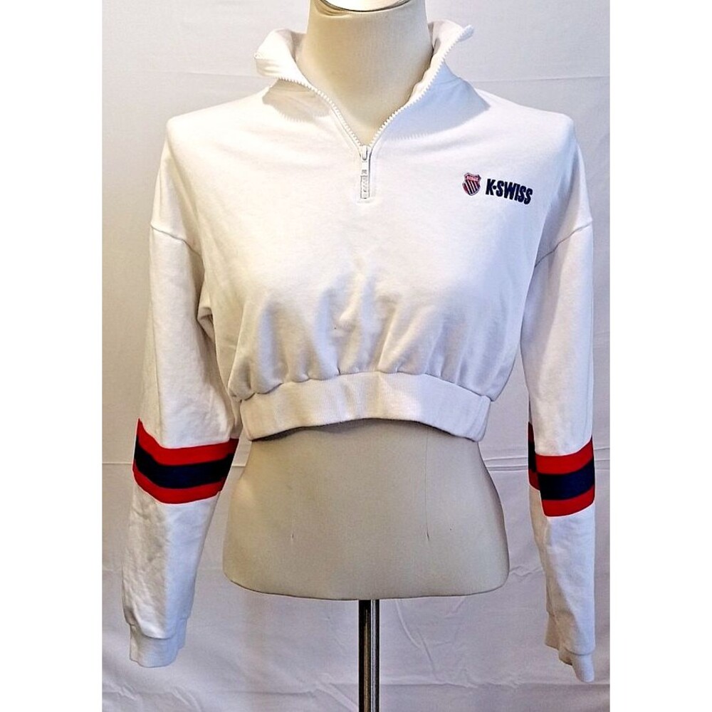 Forever 21 K-Swiss Cropped Sweatshirt 1/4 Zip White Striped Sleeve Large